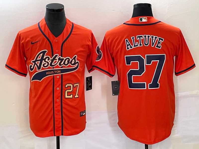 Men's Houston Astros #27 Jose Altuve Number Orange With Patch Cool Base Stitched Baseball Jersey